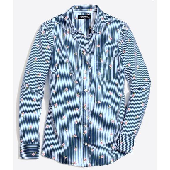 J. Crew Factory XXS Classic button-down shirt in printed cotton Striped Blue Flo - Picture 1 of 5